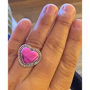 NEW Pink Dahlia Turquoise Heart Beaded Silver Ring Size 6